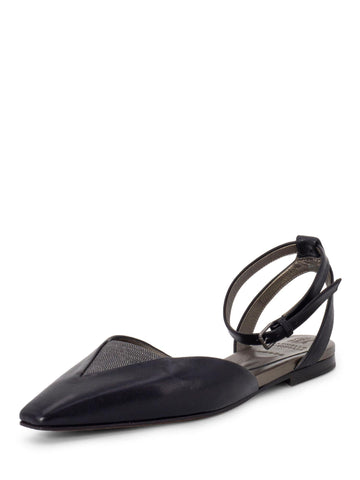 Brunello Cucinelli Leather Monili Pointy Toe Flat Shoes Black-designer resale