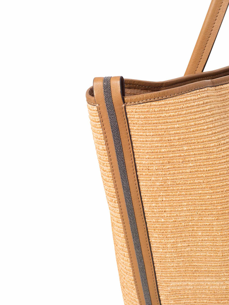 Brunello Cucinelli Leather Raffia Woven Monili Tote Light Brown-designer resale