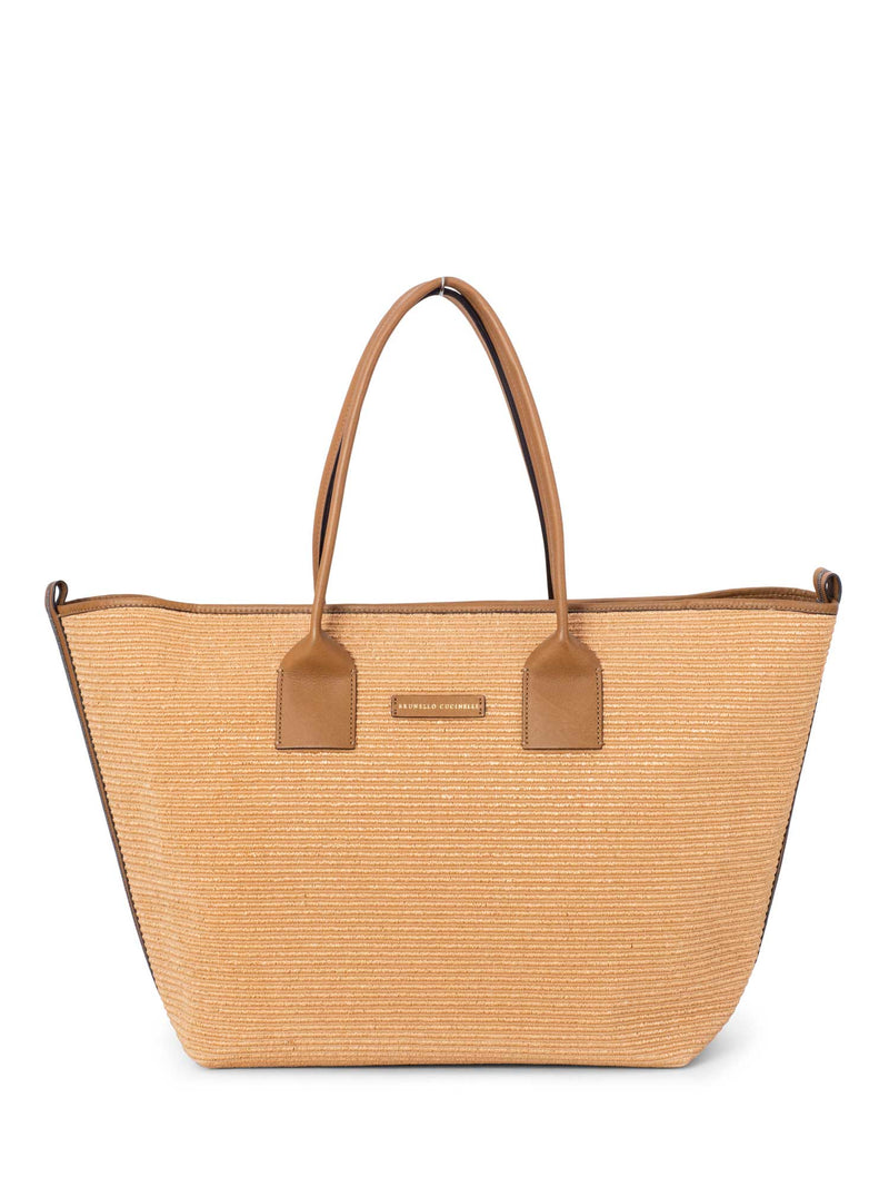Brunello Cucinelli Leather Raffia Woven Monili Tote Light Brown-designer resale