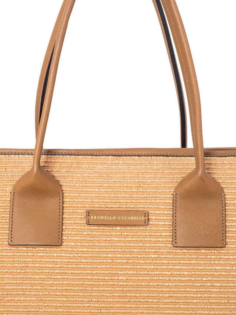 Brunello Cucinelli Leather Raffia Woven Monili Tote Light Brown-designer resale
