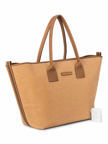 Brunello Cucinelli Leather Raffia Woven Monili Tote Light Brown-designer resale