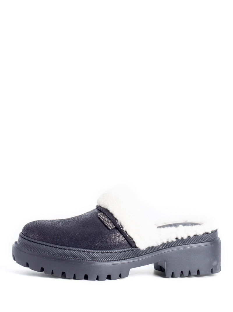 Brunello Cucinelli Leather Shearling Monili Slip On Clogs Shoes Black-designer resale