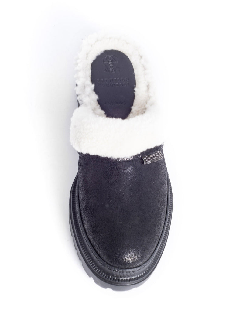 Brunello Cucinelli Leather Shearling Monili Slip On Clogs Shoes Black-designer resale