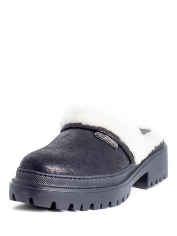 Brunello Cucinelli Leather Shearling Monili Slip On Clogs Shoes Black-designer resale