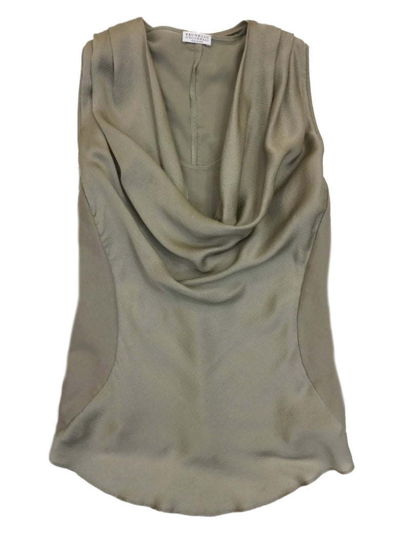 Brunello Cucinelli Silk Cowl Neck Sleeveless Blouse-designer resale