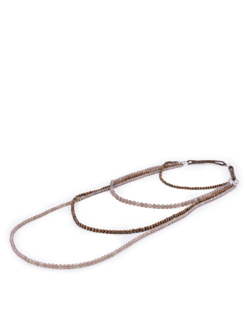 Brunello Cucinelli Sterling Silver Long Multistrand Beaded Necklace Taupe-designer resale