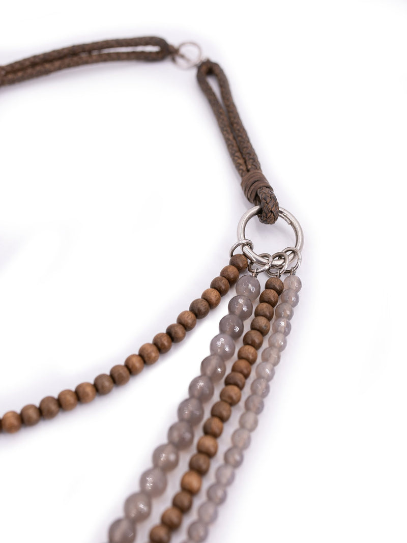 Brunello Cucinelli Sterling Silver Long Multistrand Beaded Necklace Taupe-designer resale