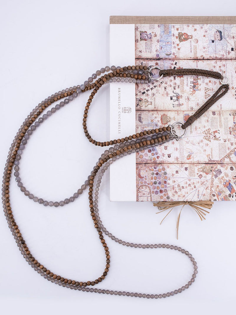 Brunello Cucinelli Sterling Silver Long Multistrand Beaded Necklace Taupe-designer resale