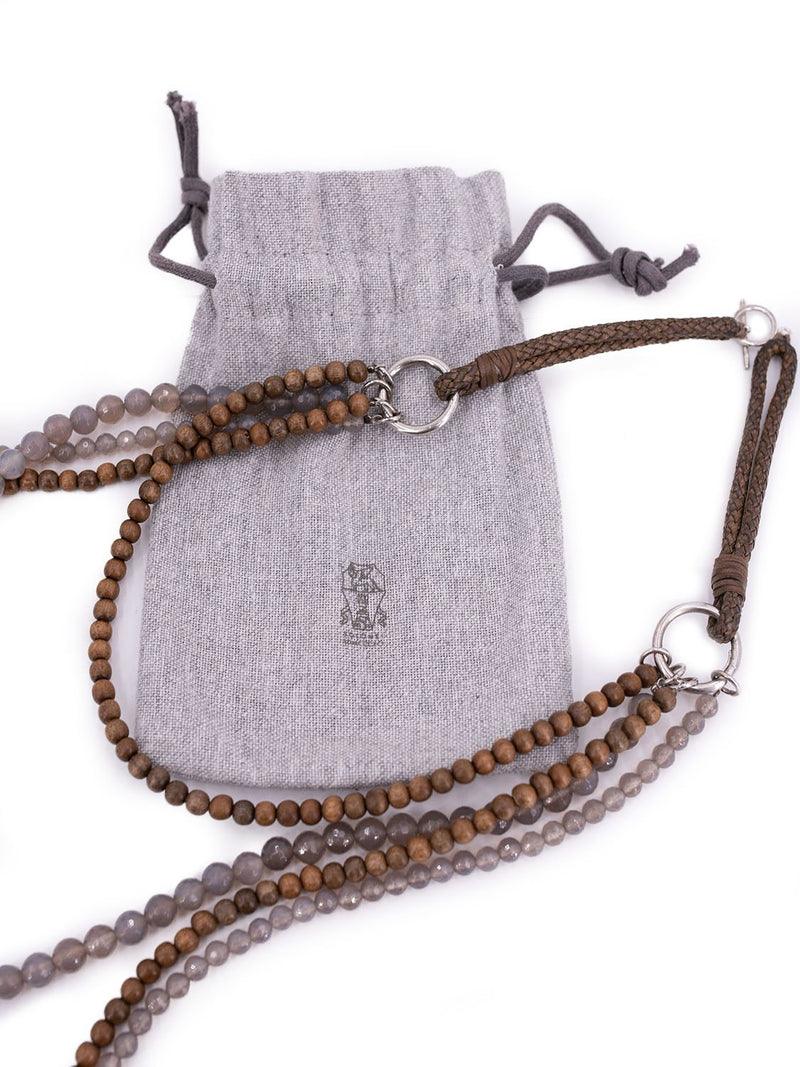 Brunello Cucinelli Sterling Silver Long Multistrand Beaded Necklace Taupe-designer resale