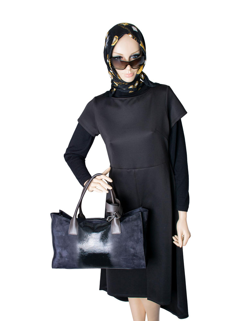 Brunello Cucinelli Suede Leather Top Handle Bag Navy Black-designer resale