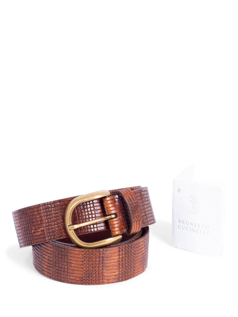 Brunello Cucinellli Textured Leather Gold Buckle Belt Cognac Brown 95-designer resale