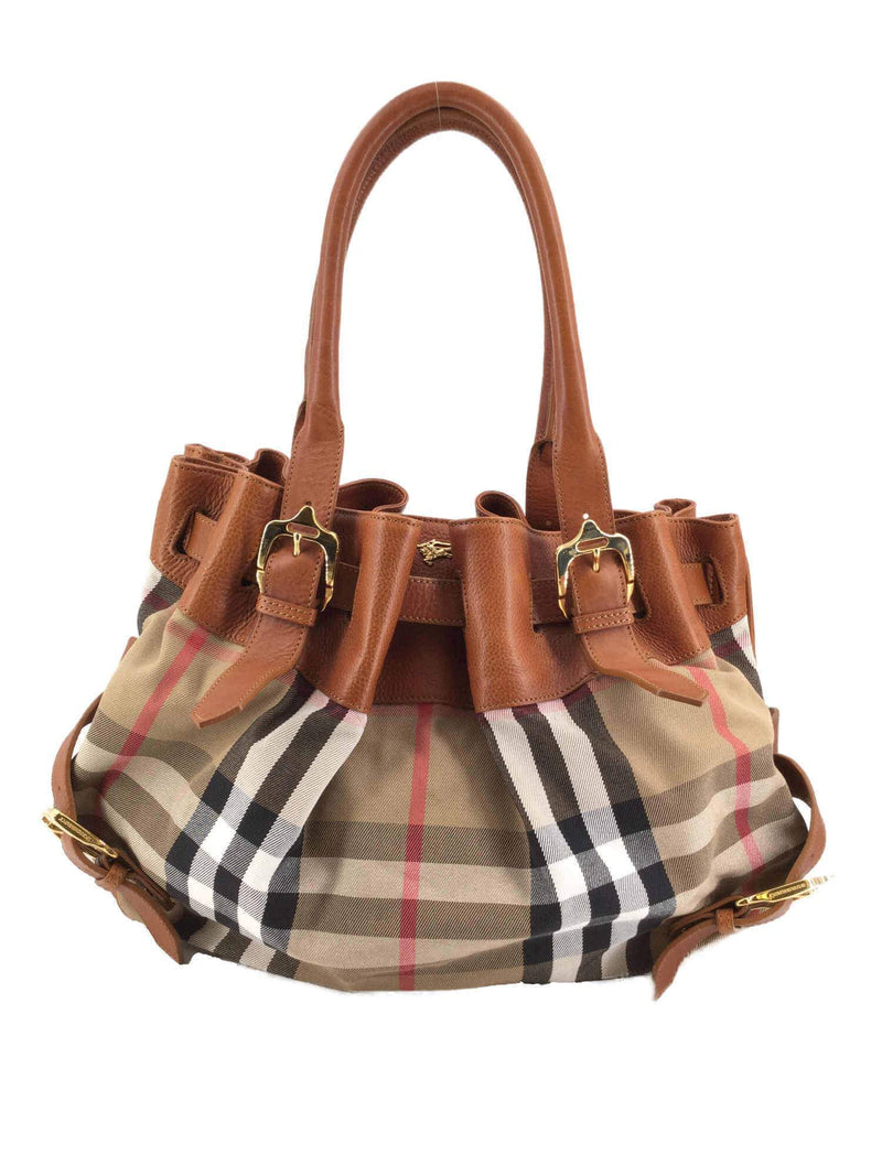 BURBERRY Leather-trimmed checked canvas tote
