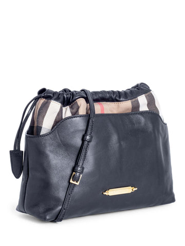 Burberry Leather House Check Bucket Messenger Bag Black-designer resale