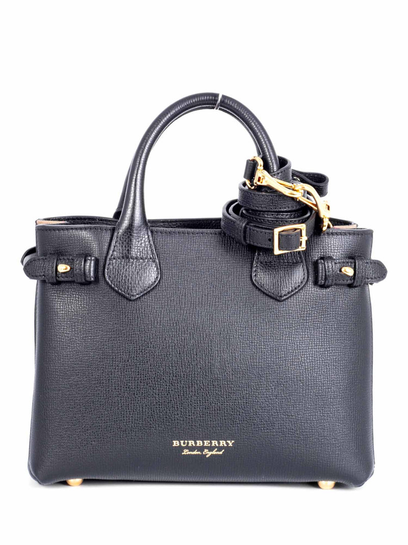 Burberry Leather House Check Small Derby Banner Tote Black-designer resale