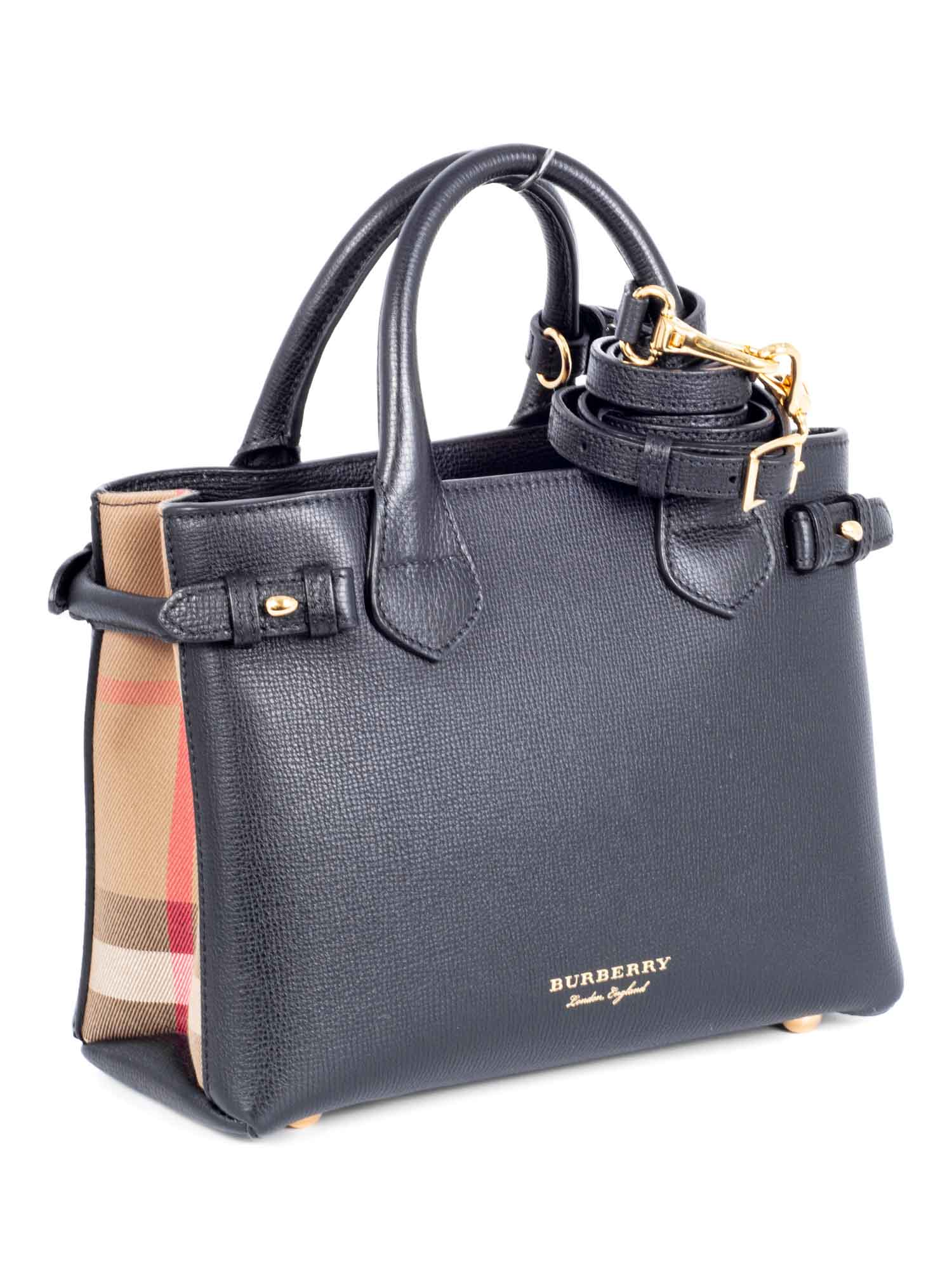 Burberry Leather House Check Small Derby Banner Tote Black-designer resale