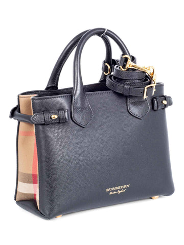 Burberry Leather House Check Small Derby Banner Tote Black-designer resale