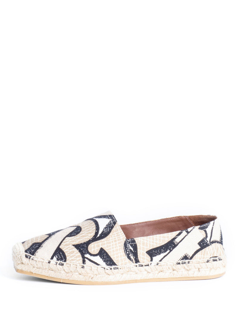 Chanel White Logo Printed Canvas And Black Cap Toe Espadrilles