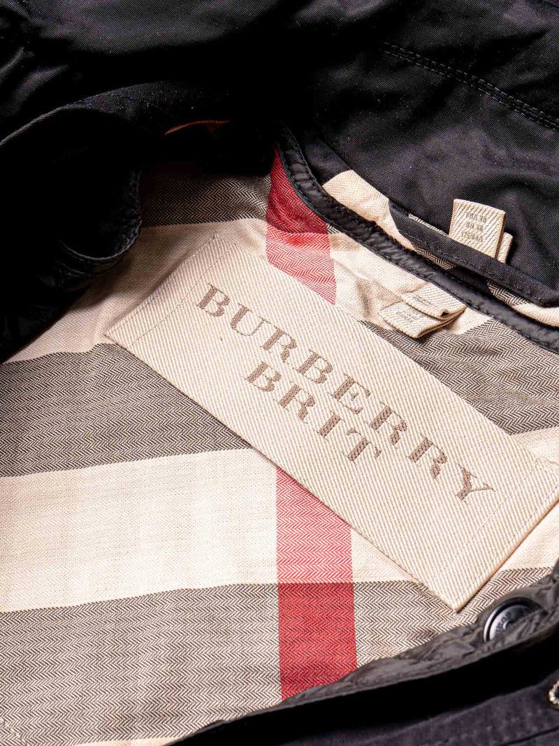 Burberry Nylon Nova Check Lined Hood Rain Coat Black-designer resale