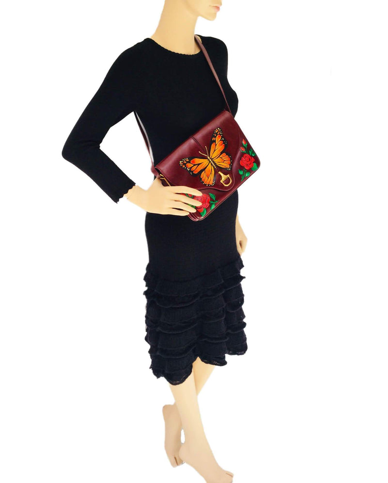 Burgundy Leather Flap Bag Floral Butterfly Gold Horsebit-designer resale