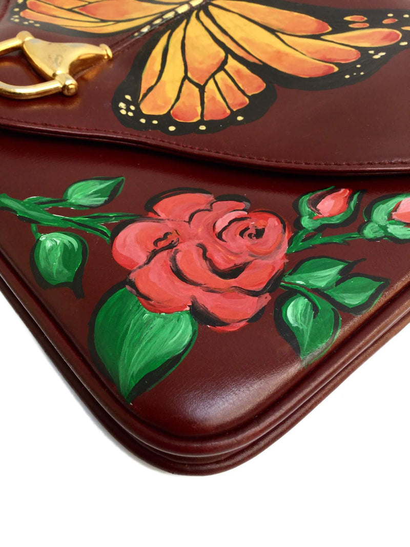 Burgundy Leather Flap Bag Floral Butterfly Gold Horsebit-designer resale
