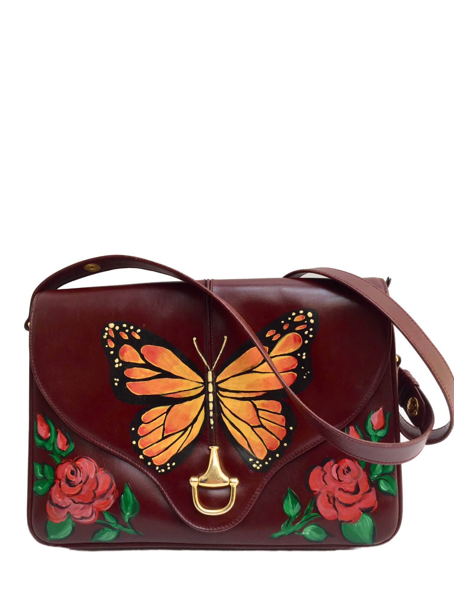 Burgundy Leather Flap Bag Floral Butterfly Gold Horsebit-designer resale