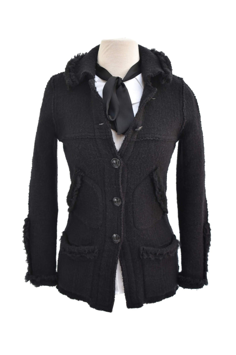 CC Logo Black Fringe Tweed Jacket-designer resale