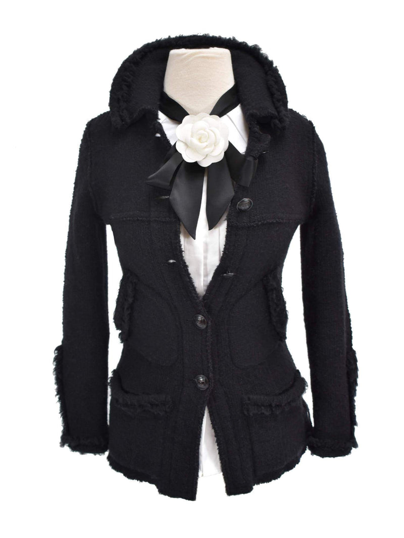 CC Logo Black Fringe Tweed Jacket-designer resale