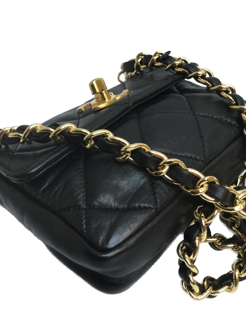 CC Logo Black Lambskin Mini Flap Messenger Bag Gold Chain-designer resale