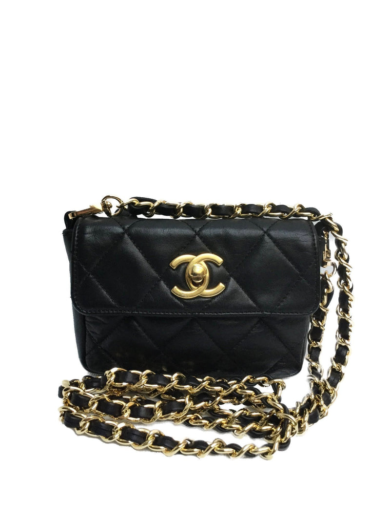 CC Logo Black Lambskin Mini Flap Messenger Bag Gold Chain