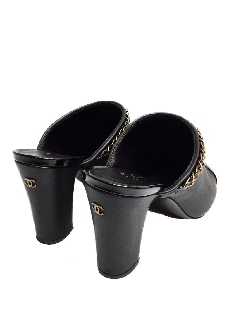 CC Logo Black Leather Mules Shoes Golden Chain 36.5-designer resale