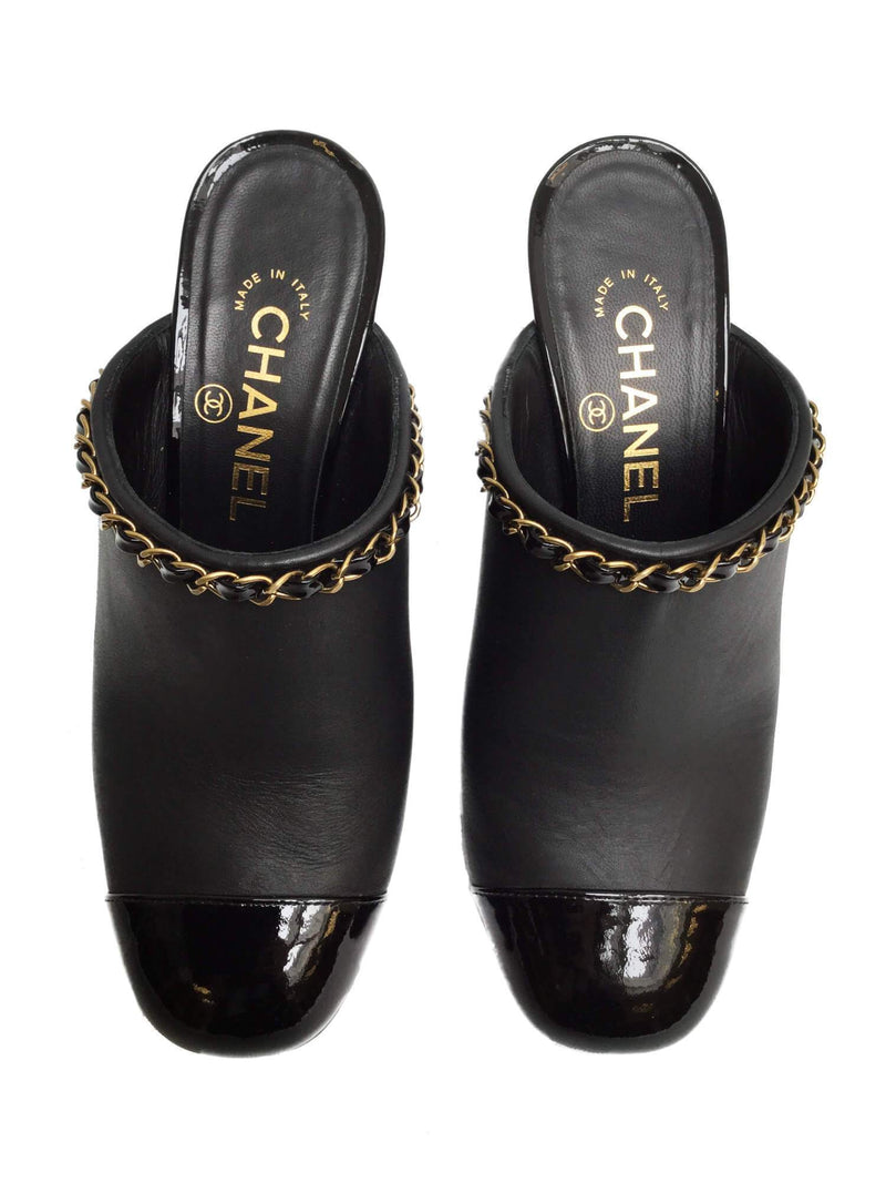 CC Logo Black Leather Mules Shoes Golden Chain 36.5-designer resale