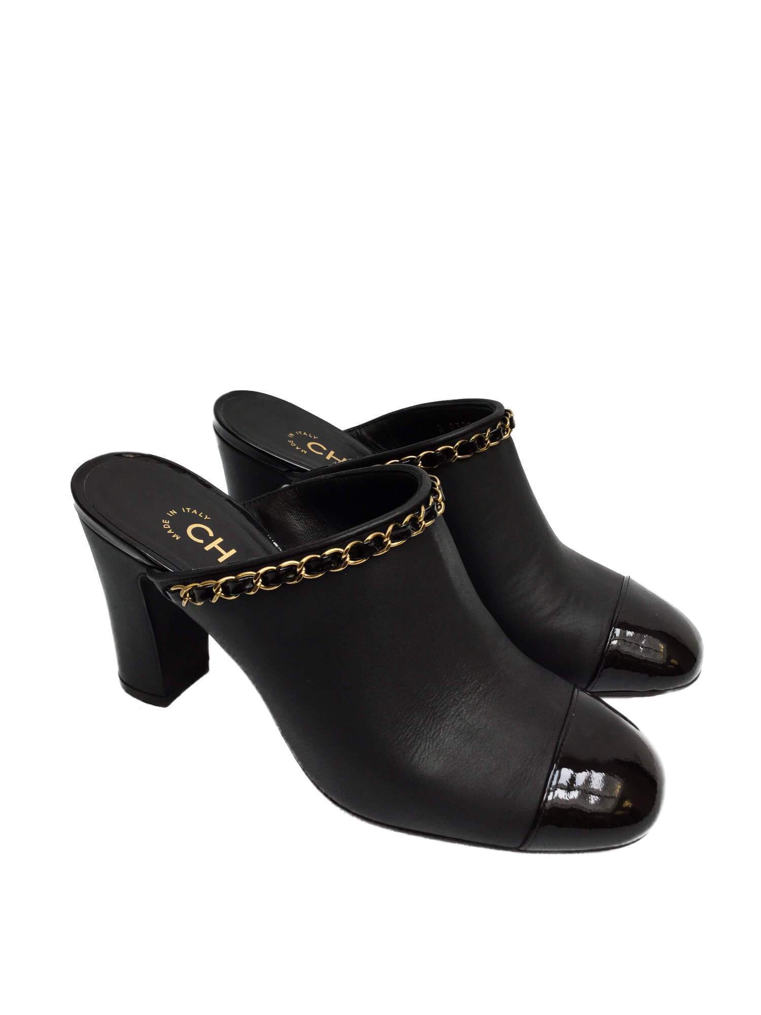 CC Logo Black Leather Mules Shoes Golden Chain 36.5-designer resale