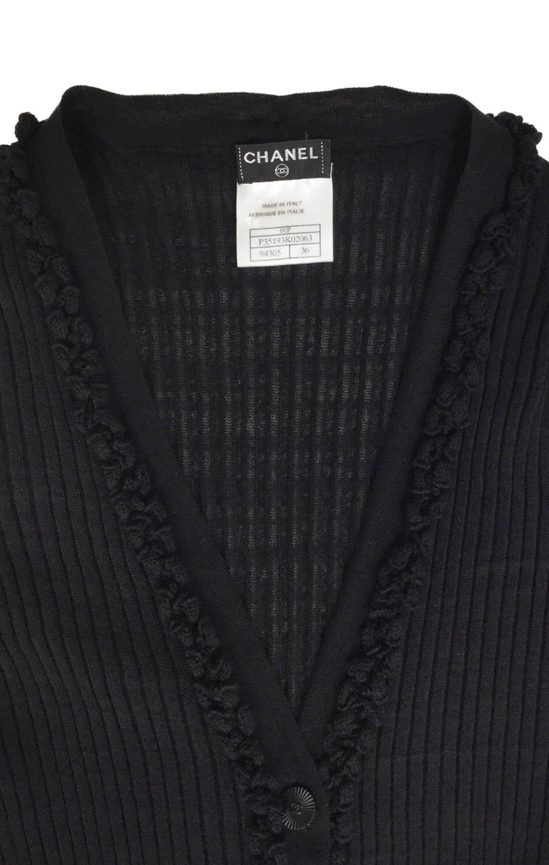 CC Logo Black Ribbed Fringe Cotton Long Cardigan-designer resale