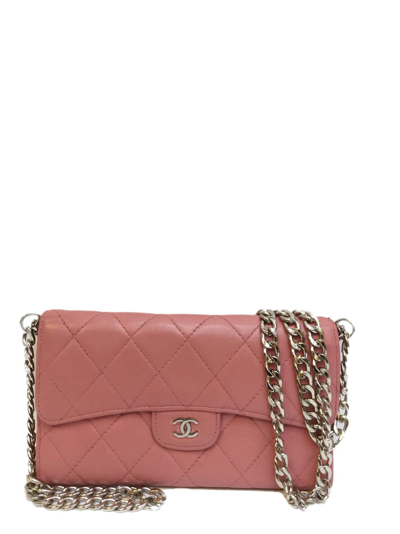 CC Logo Blush Pink Quilted Lambskin Leather Trifold Wallet Bag Silver Chain-designer resale