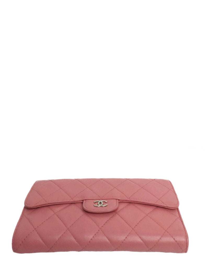 CC Logo Blush Pink Quilted Lambskin Leather Trifold Wallet Bag Silver Chain-designer resale