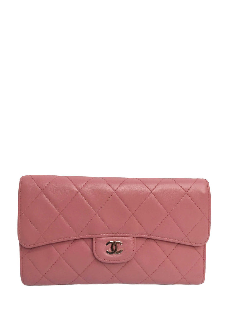CC Logo Blush Pink Quilted Lambskin Leather Trifold Wallet Bag Silver Chain