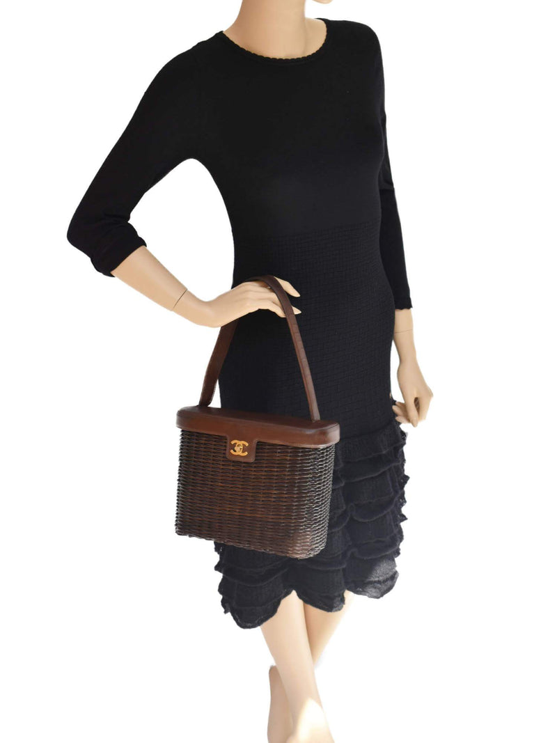 CC Logo Brown Straw Woven Rattan Basket Bag-designer resale