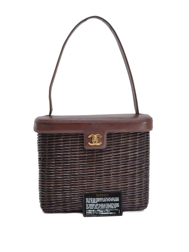 CC Logo Brown Straw Woven Rattan Basket Bag-designer resale