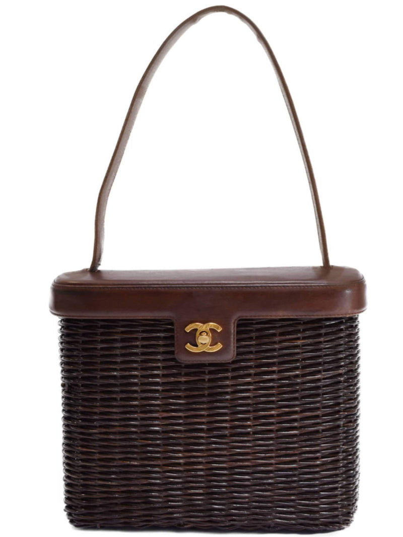 CC Logo Brown Straw Woven Rattan Basket Bag-designer resale