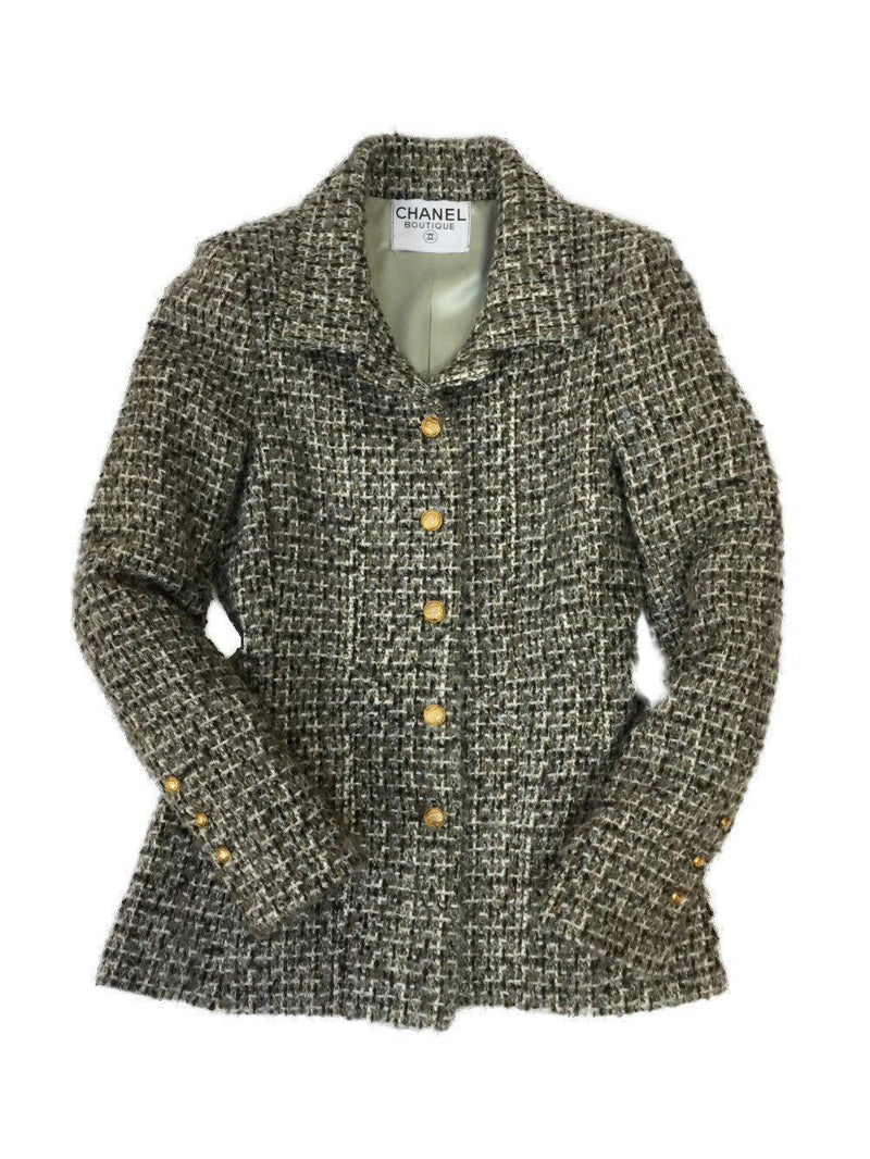 CC Logo Green Tweed Fitted Jacket-designer resale