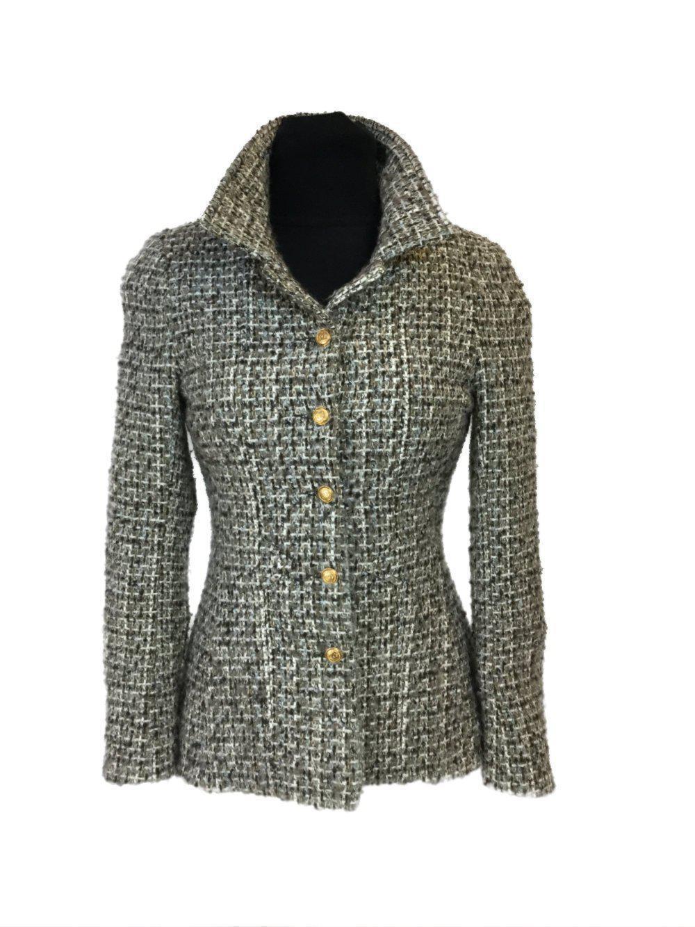 CC Logo Green Tweed Fitted Jacket-designer resale