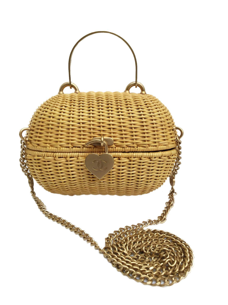 CC Logo Heart Clasp Gold Chain Straw Woven Rattan Bag-designer resale