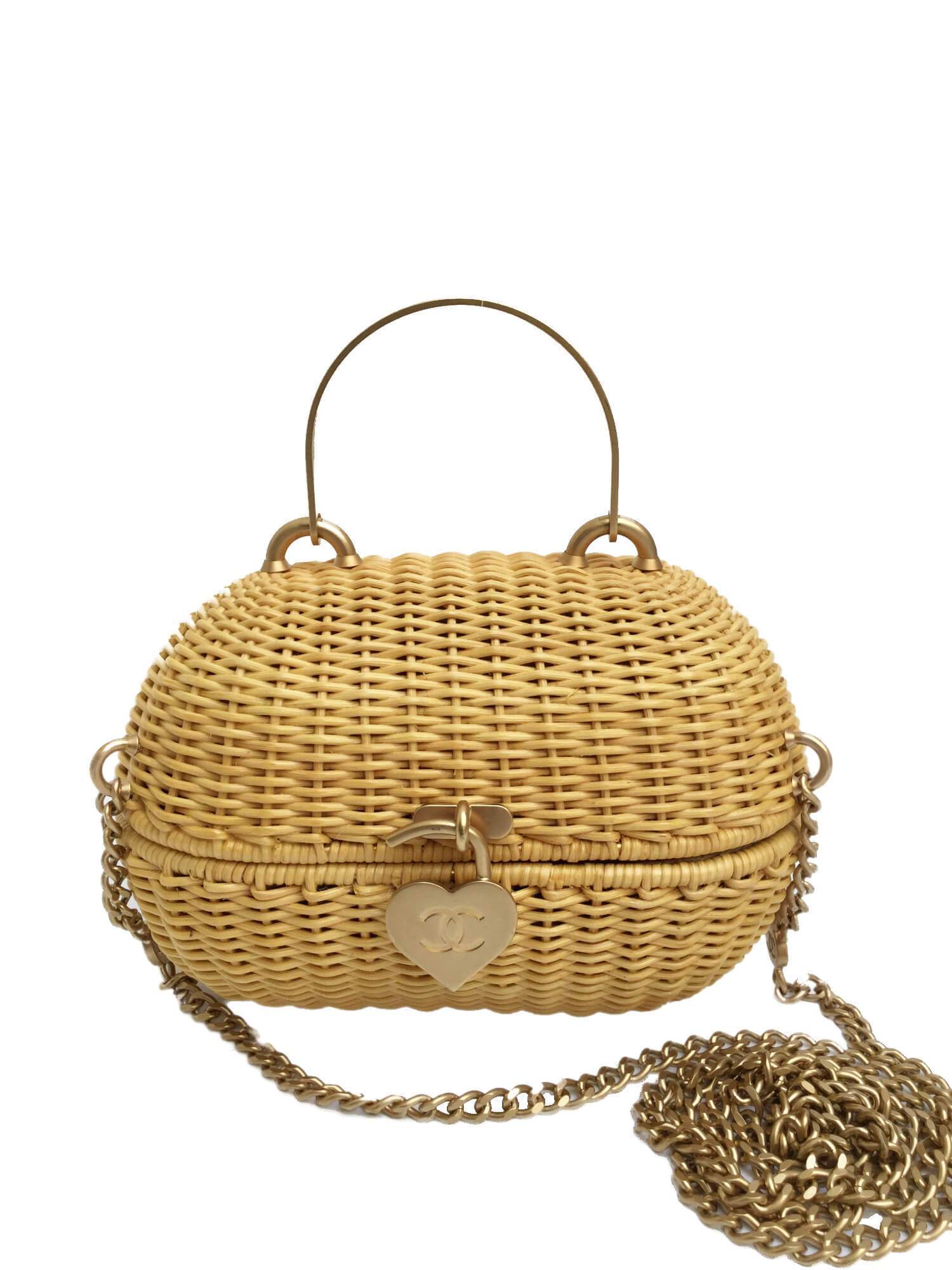 CC Logo Heart Clasp Gold Chain Straw Woven Rattan Bag-designer resale