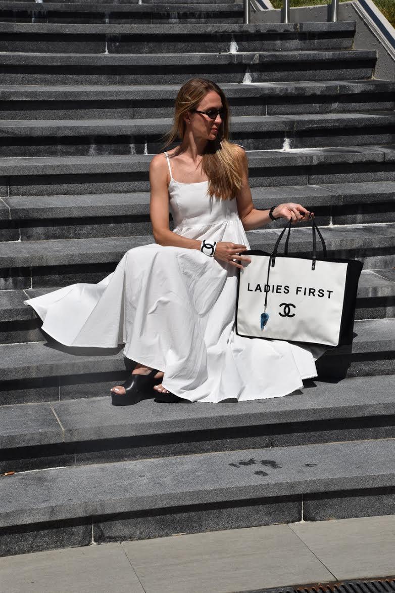 CC Logo 'Ladies First' Black White Shopper Tote Bag Silver Hardware-designer resale