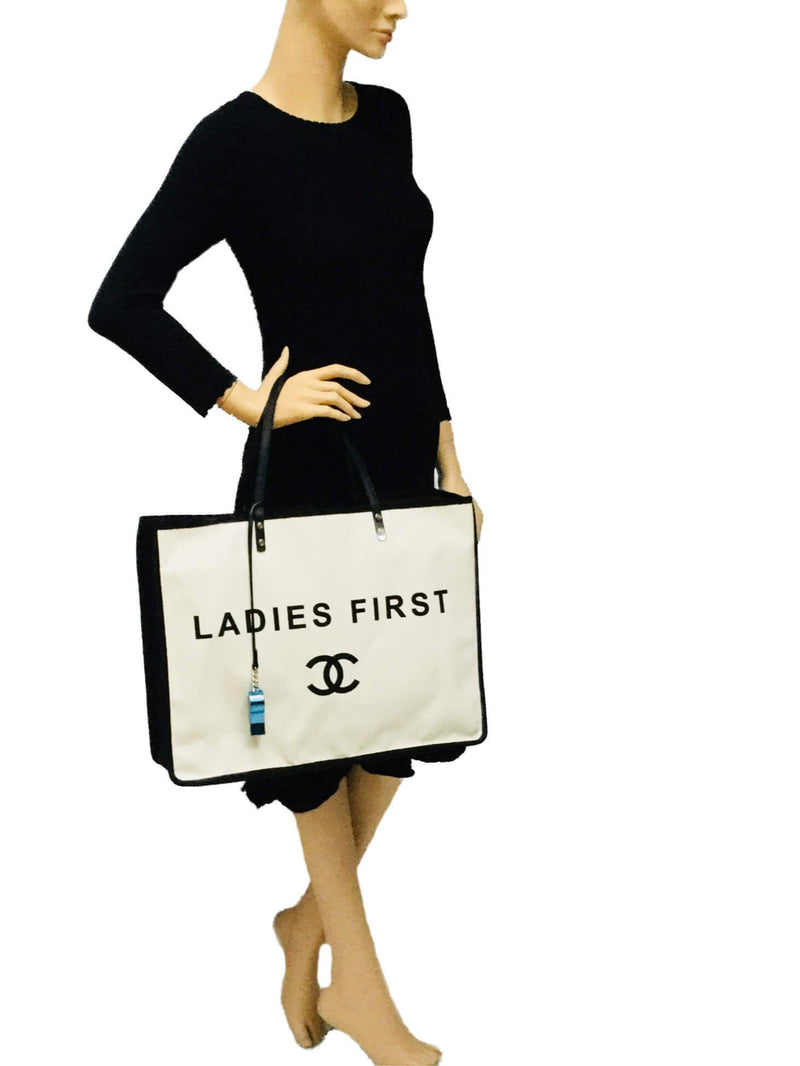 CC Logo 'Ladies First' Black White Shopper Tote Bag Silver Hardware