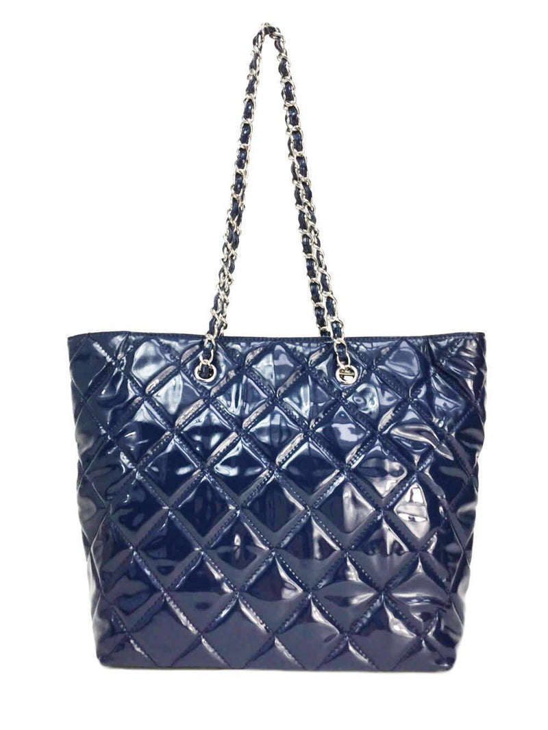 CC Logo Navy Blue Quilted Suede and Canvas Double Chain Bag-designer resale