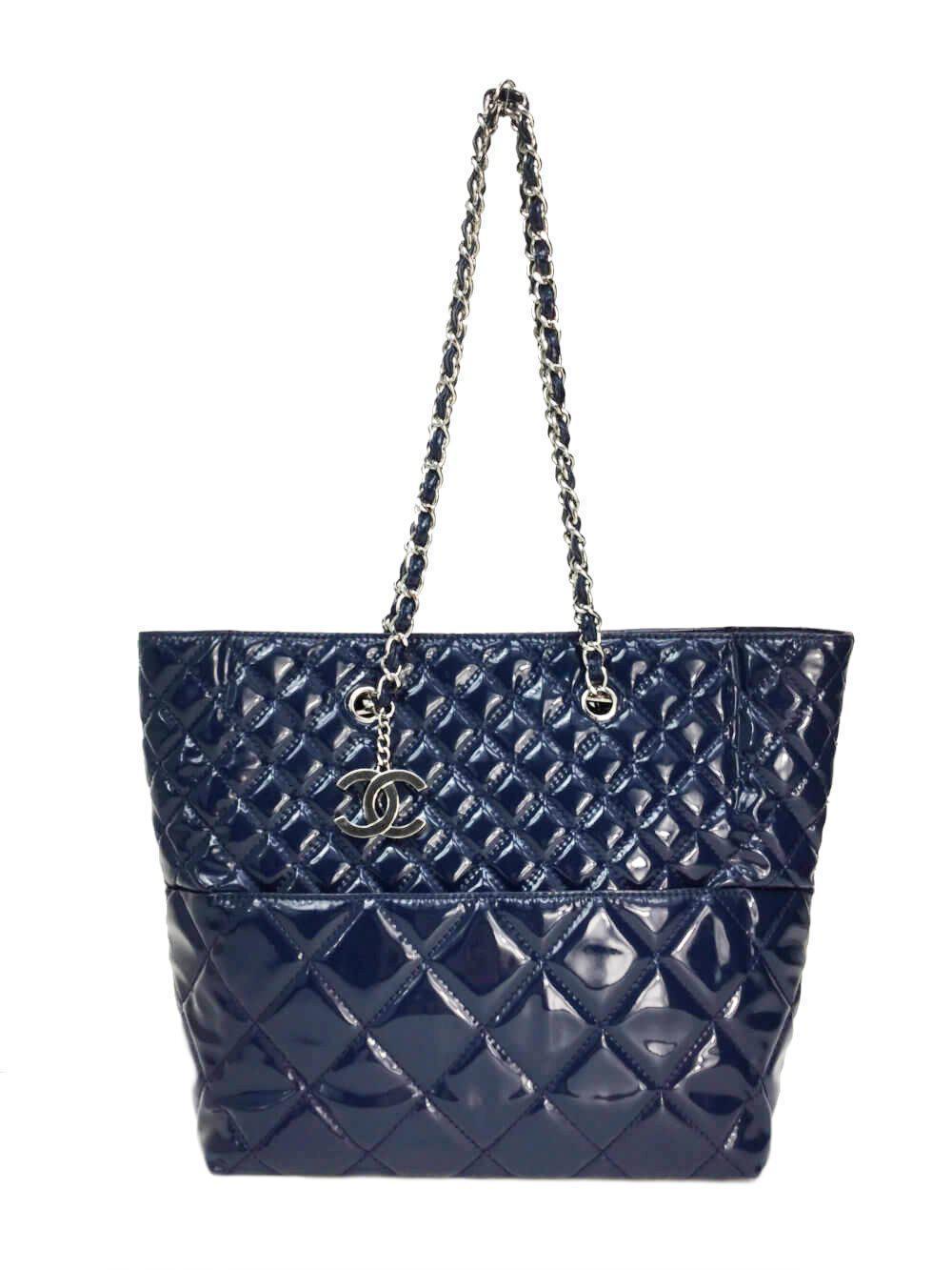 CC Logo Navy Blue Quilted Suede and Canvas Double Chain Bag-designer resale