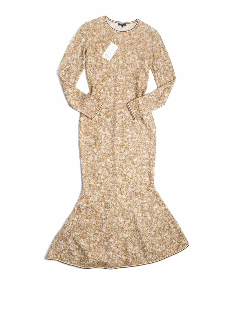 CHANEL 19A Runway CC Logo Lesage Knit Mermaid Long Dress Gold-designer resale