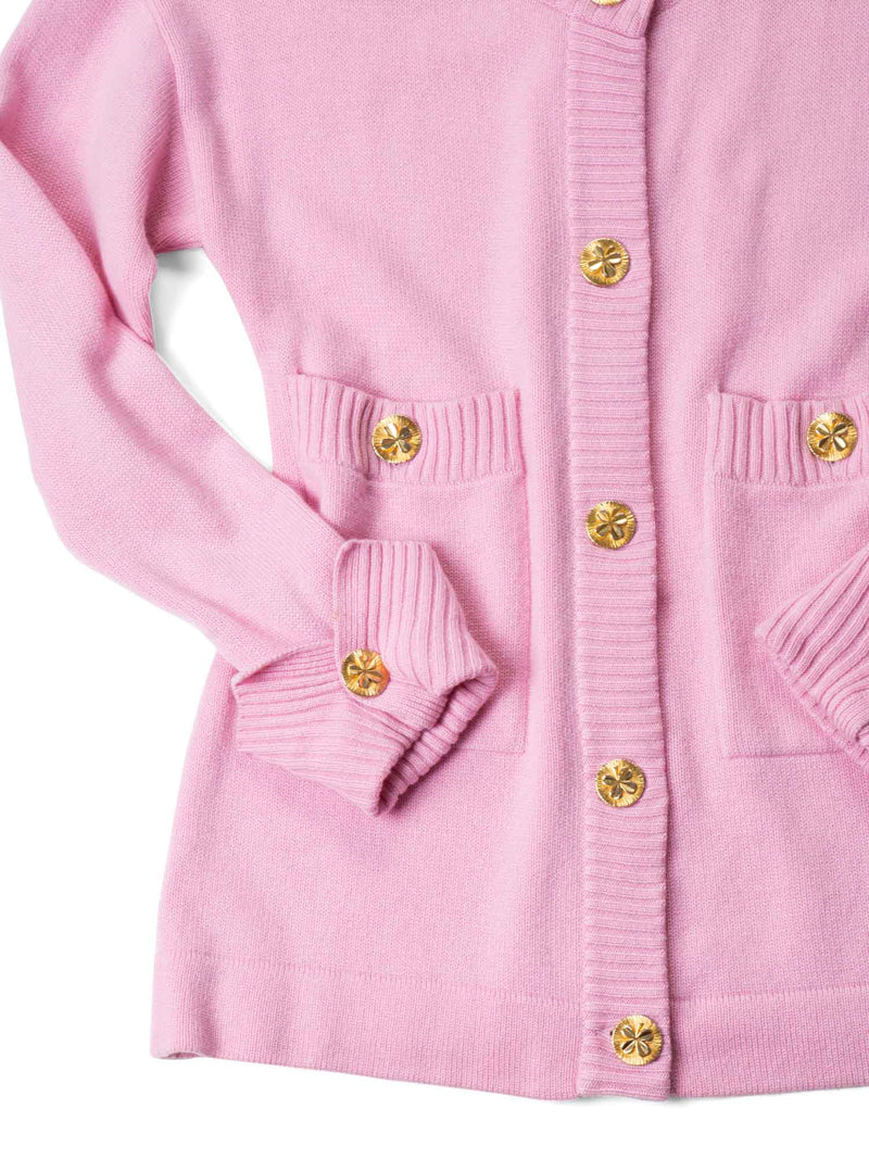 CHANEL 90s Cashmere Gold Clover Buttons Cardigan Pink-designer resale
