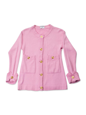 CHANEL 90s Cashmere Gold Clover Buttons Cardigan Pink-designer resale